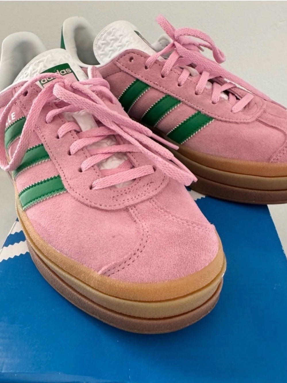 adidas gazelle pink with green stripes and Gum Sole - Picture 2 of 4